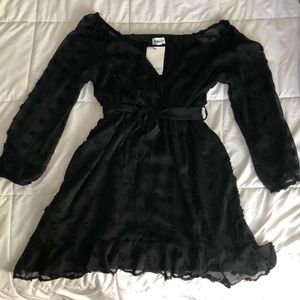 &merci sheer sleeve Pom dot ruffle bottom dress